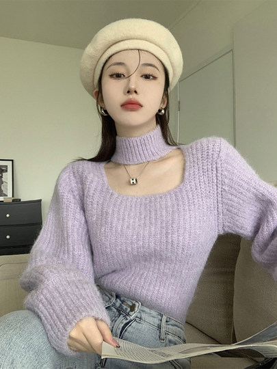 Purple Hollow-Out Square-Neck Halter Sweater for Women, Spring and Autumn Inner Layer, Half-High Collar Base Shirt, Lantern Sleeve Short Knit Top