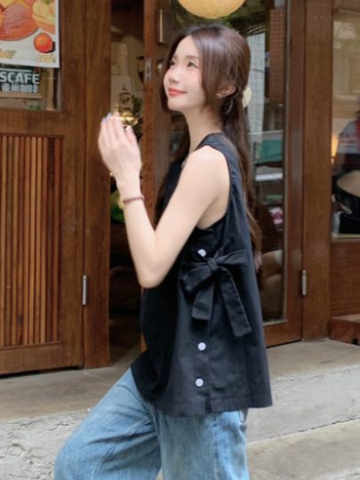 法式设计感侧开叉系带圆领无袖衬衫女夏季小众别致蝴蝶结背心上衣