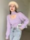 Purple Hollow-Out Square-Neck Halter Sweater for Women, Spring and Autumn Inner Layer, Half-High Collar Base Shirt, Lantern Sleeve Short Knit Top