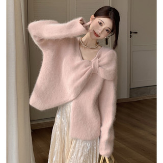 不规则v领蝴蝶结粉色毛衣女秋冬软糯宽松慵懒风马海毛针织衫上衣