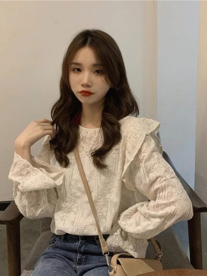 French-Style Lace Embroidery Flared Long-Sleeve Shirt for Women, Spring and Autumn Design, Niche Loose Ruffled Doll Shirt Top