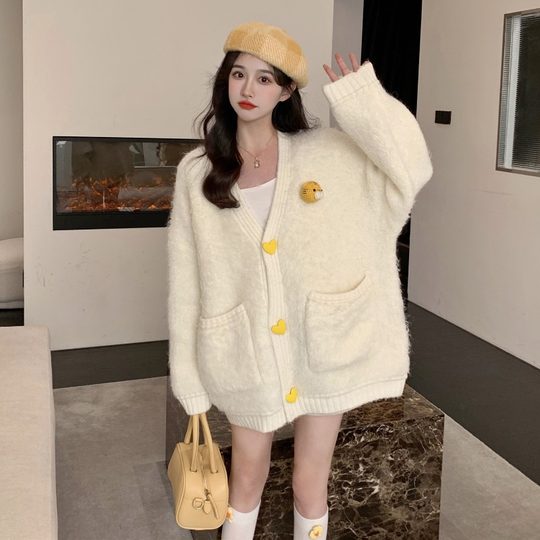 Soft and Lazy Style Sweater Coat for Women, Spring and Autumn Loose Design, Niche Sweet Mid-Length Knitted Cardigan Top