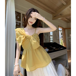 法式高级感蝴蝶结斜肩衬衫女夏设计感露肩洋气娃娃衫无袖背心上衣