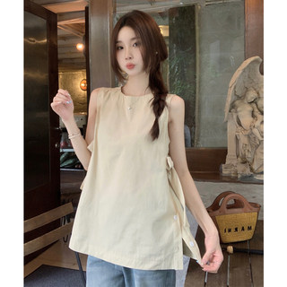 法式设计感侧开叉系带圆领无袖衬衫女夏季小众别致蝴蝶结背心上衣