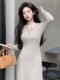 French-Style Half-Open Collar Long-Sleeve Knit Dress for Women, Suitable for Spring, Autumn, and Winter, with a Slim Waist and Fitted Design, Ideal as a Base Layer or Sweater Dress