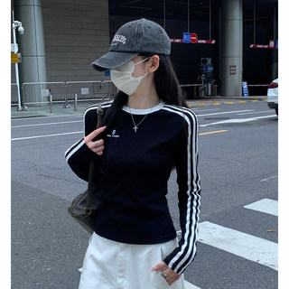 Женская футболка с длинными рукавами в американском ретро-стиле, с цветными полосками, для весны и осени, с вышивкой, облегающая, короткая, базовая, подчеркивающая фигуру.