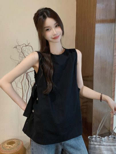 法式设计感侧开叉系带圆领无袖衬衫女夏季小众别致蝴蝶结背心上衣
