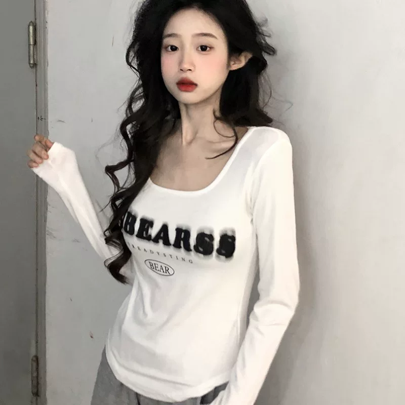 Осень база короткая облегающая футболка с длинным рукавом, slim fit, высокая талия
