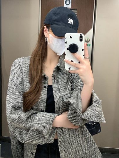Trendy Polo Collar Plaid Shirt Jacket for Women, Spring and Autumn Thin Loose Casual Korean Style Mid-Length Jacket Top