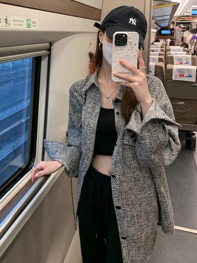 Trendy Polo Collar Plaid Shirt Jacket for Women, Spring and Autumn Thin Loose Casual Korean Style Mid-Length Jacket Top