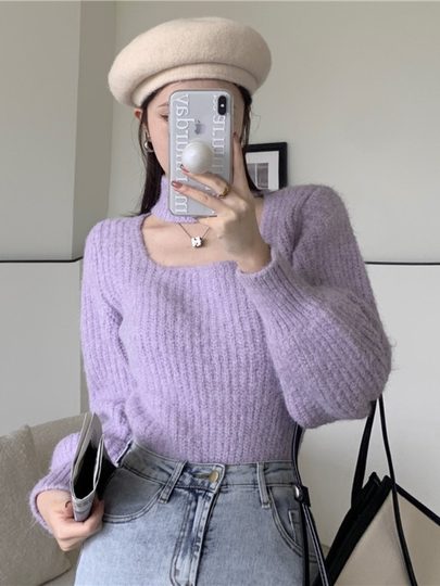 Purple Hollow-Out Square-Neck Halter Sweater for Women, Spring and Autumn Inner Layer, Half-High Collar Base Shirt, Lantern Sleeve Short Knit Top