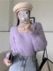 Purple Hollow-Out Square-Neck Halter Sweater for Women, Spring and Autumn Inner Layer, Half-High Collar Base Shirt, Lantern Sleeve Short Knit Top