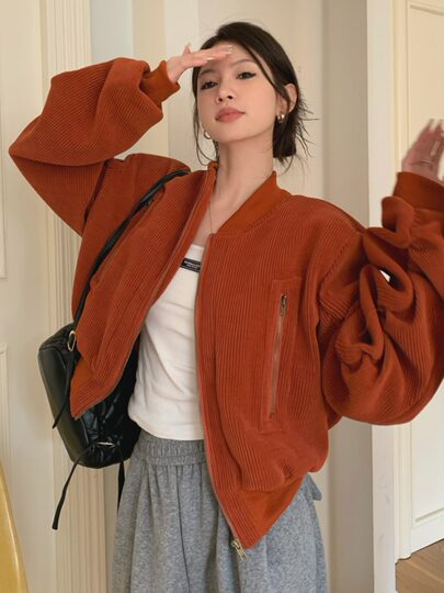 American-Style Stand-Collar Corduroy Baseball Jacket for Women, Spring, Autumn, and Winter, Padded and Thickened, Pleated, Loose Short Jacket