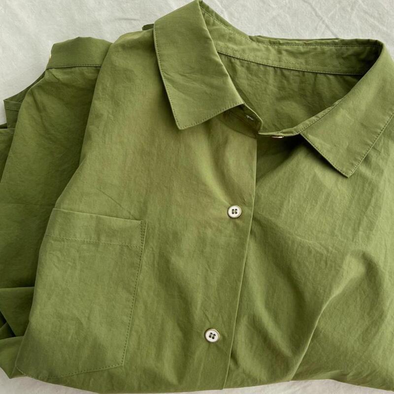 Japanese and Korean Export Surplus Brand, Cut-Label, Washed Cotton, Brightening, Matcha Avocado Green, Loose, Lazy Style Shirt Top