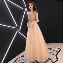 Bride evening dress female 2020 new thin temperament annual host party long golden toast banquet