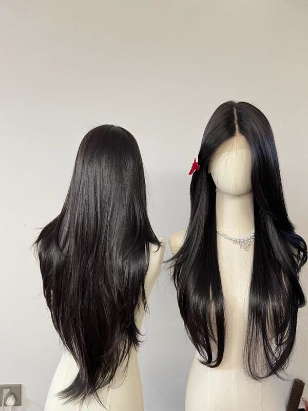 (Broken) High-Quality Black Long Straight 70cm U-Part Imported Protein Silk Free Part Lace Wig