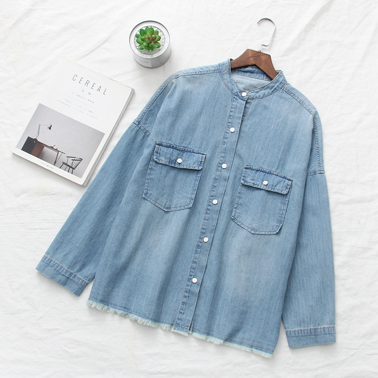 Mùa xuân và mùa thu mới Nhật Bản retro viền denim áo sơ mi nữ dài tay áo sơ mi dài tay Hàn Quốc quần tập yoga ống rộng
