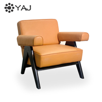 jeanneret solid wood leather art sofa Leisure mesh red armchair Chandigarh balcony light extravagant creative single