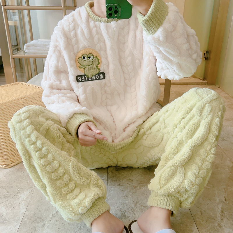 Youth Pajamas for Men, Autumn and Winter, Plus-Size Coral Fleece, Trendy Dinosaur Design, Warm Flannel, Large Size Set, Loungewear