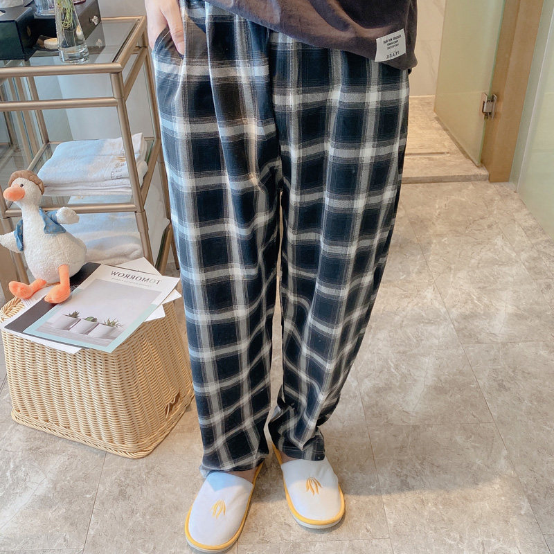 Spring Fall Pure Cotton Sleeping Pants Men Long Pants Large Size Loose Summer Thin minimalist Fashion Lovers Black Plaid Home Pants
