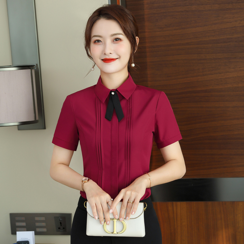 Spring and Summer Hotel Waiter Work Clothes Ktv Front Desk Receptionist Work Clothes Burgundy Long-Sleeved Thin Chiffon Formal Shirt
