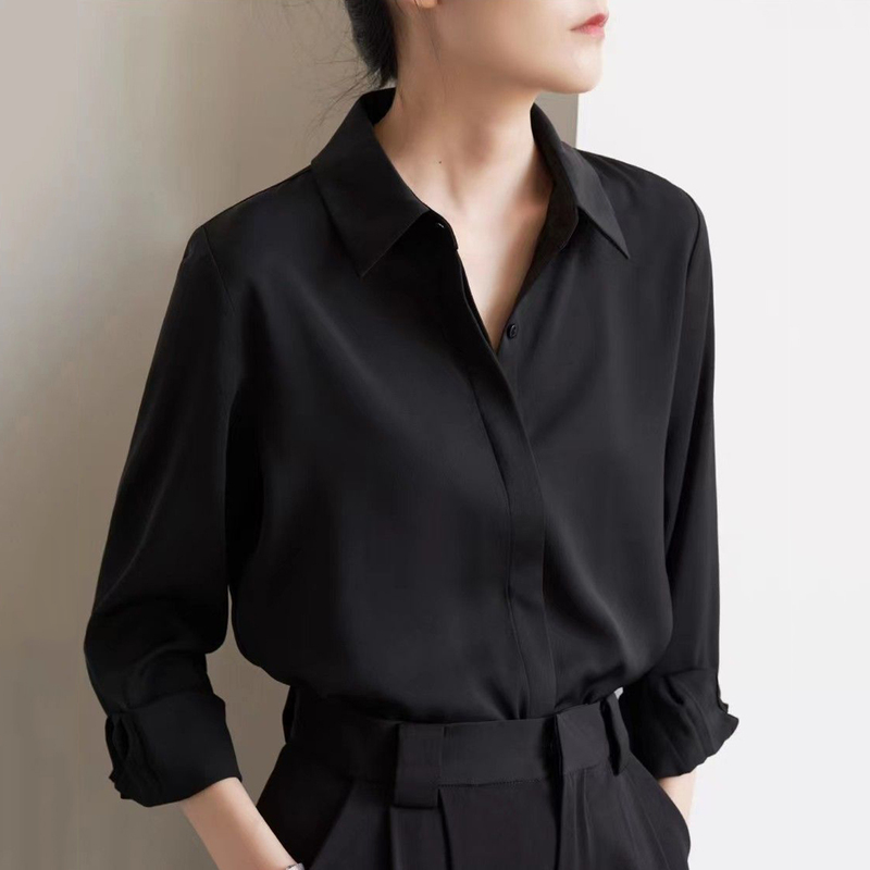 French-Style Niche Chiffon Black Shirt for Women, New Spring and Autumn Commuter Professional Ol Long-Sleeve Shirt with a Sense of Design French-Style Niche Chiffon Black Shirt for Women, New Spring and Autumn Commuter Professional Ol Long-Sleeve Shirt with a Sense of Design