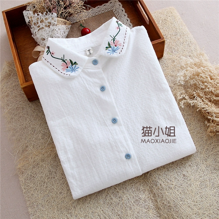 Áo kiểu cách tân mùa xuân, họa tiết cotton tinh khiết, áo sơ mi dài tay thêu, áo kiểu nữ, áo sơ mi trắng, nữ - Áo sơ mi