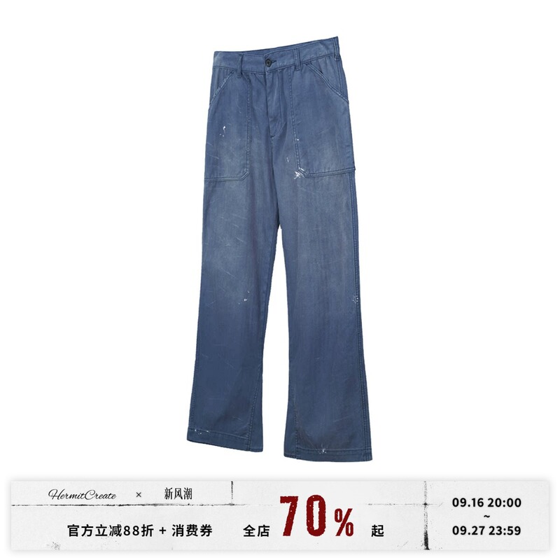 Hc/Hermitcreate Washed Series Classic Petrol Blue Distressed Work Pants Street Ink Splatter Vintage Hc/Hermitcreate Washed Series Classic Petrol Blue Distressed Work Pants Street Ink Splatter Vintage