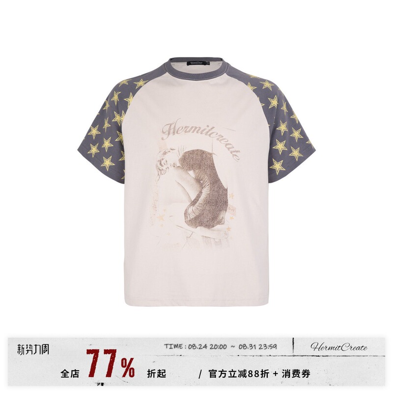 Hc/Hermitcreate "Star Girl" Portrait-Themed Vintage Distressed Raglan T-Shirt Boxy Fit