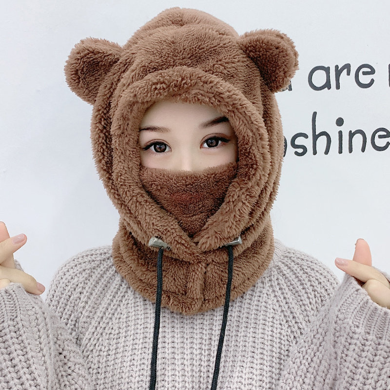 2021 autumn and winter warm hat bib mask integrated parent-child children's ear protection riding cap cute bear girl