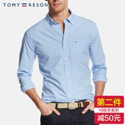 Tomy Tommy Mùa xuân và mùa hè Cổ áo vuông Kinh doanh Áo sơ mi kẻ sọc ngang nam dài tay Slim Cotton Công sở Áo sơ mi Oxford - Áo