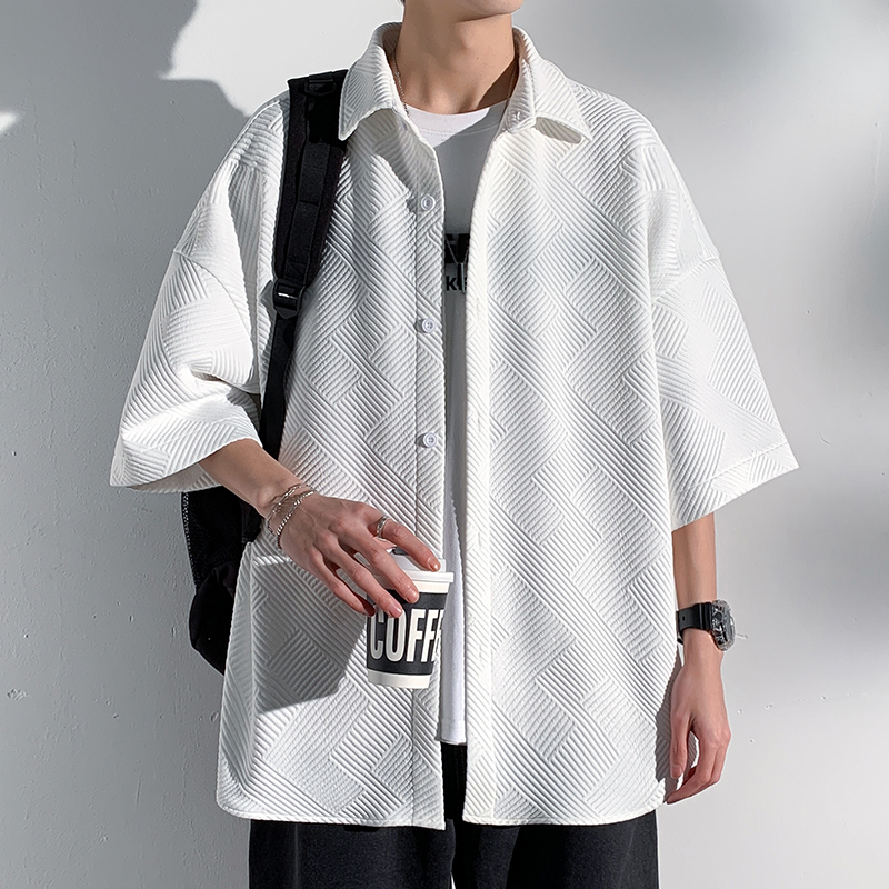 Waffle Short-Sleeved Shirt Men's Summer Loose Casual High-End Shirt Jacket Youth Half-Sleeved Top