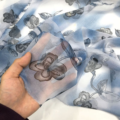 Semi-transparent blue striped floral pattern chiffon fabric, a light and flowing summer fabric