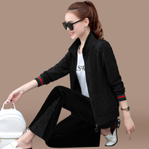 Golden Velvet Stripe Sports Leisure Set Women Spring and Autumn 2020 New Loose Wide Leg Pants