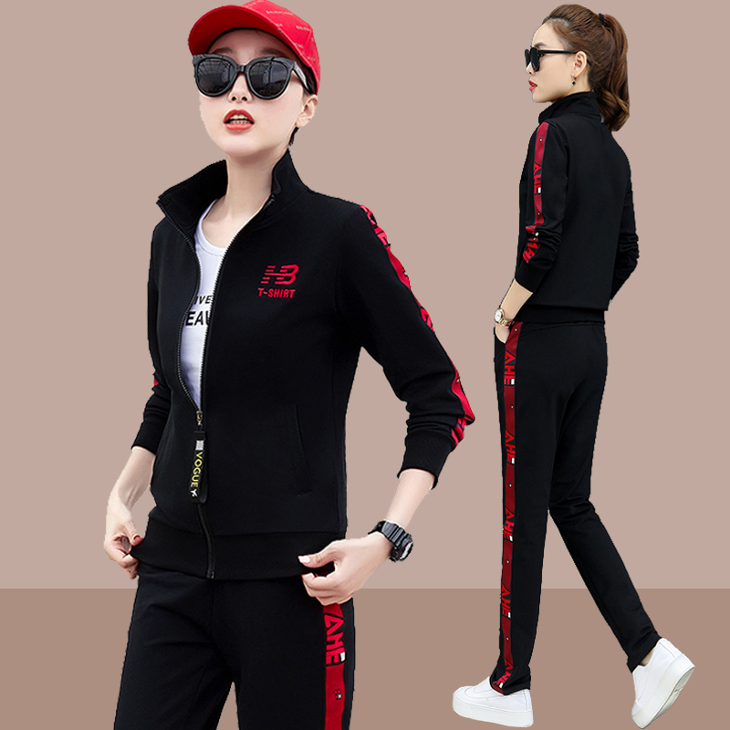 Sports and leisure suit women's spring and Autumn 2019 new fashion loose Korean three-piece set stand-up collar large size sportswear