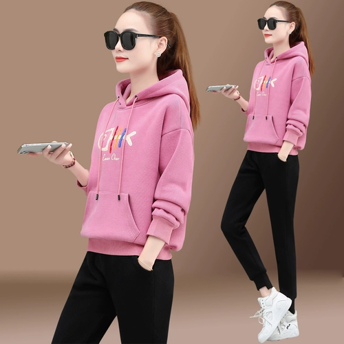 Утепленный спортивный костюм, комплект, модная удерживающая тепло толстовка с капюшоном, увеличенная толщина, большой размер