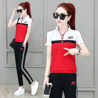 Short sleeve trousers sportswear suit women Summer 2019 new fashion big size slim running casual wear two pieces thin
