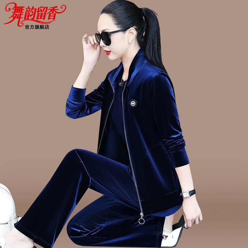 2026 New Style Mother's Clothing Velvet Tracksuit for Women, Spring and Autumn Sweatshirt Cardigan, Fashionable and Casual Three-Piece Set