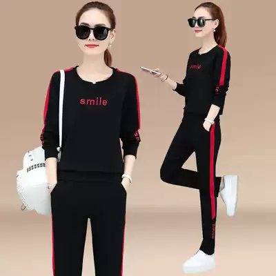 Sports Set Women Spring and Autumn 2019 New Fashion Korean Edition Large Size Round Neck Pants Casual Running Clothes Two Piece Tide