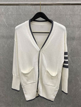TB cardigan V-neck knitted 2020FW spring and autumn British style striped cardigan lazy loose all-match mid-length coat