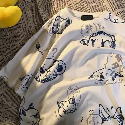 Japanese retro ins tide fun cartoon print round neck pullover T-shirt 2021 spring and summer men and women loose joyful half sleeve