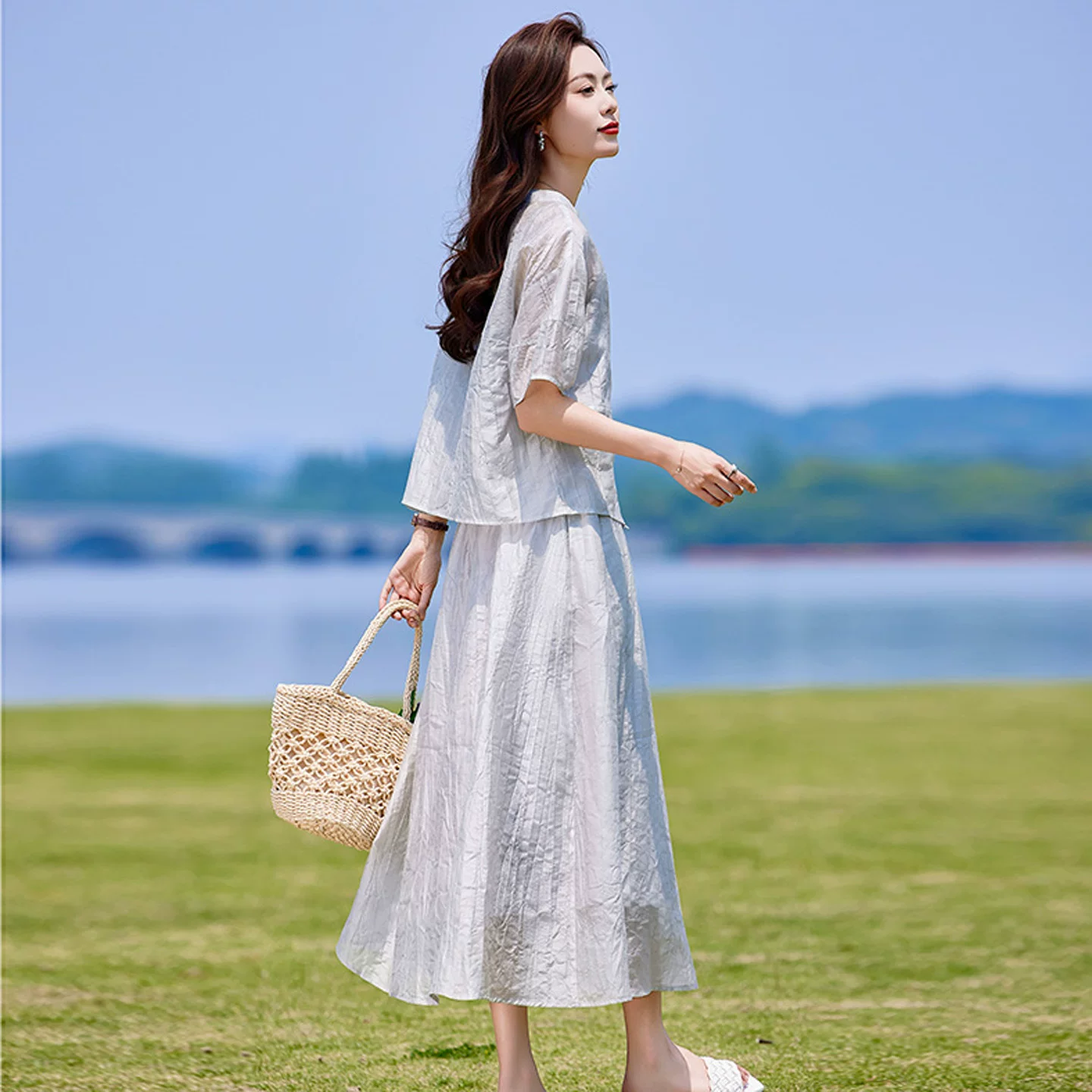 Summer set, skirt, shirt, oversize, lifting effect, 3 piece set
