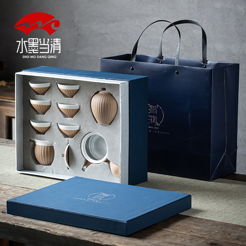 Japanese coarse pottery kung fu tea set suit pure manual lateral teapot teacup restoring ancient ways of household ceramics with high - end gift box