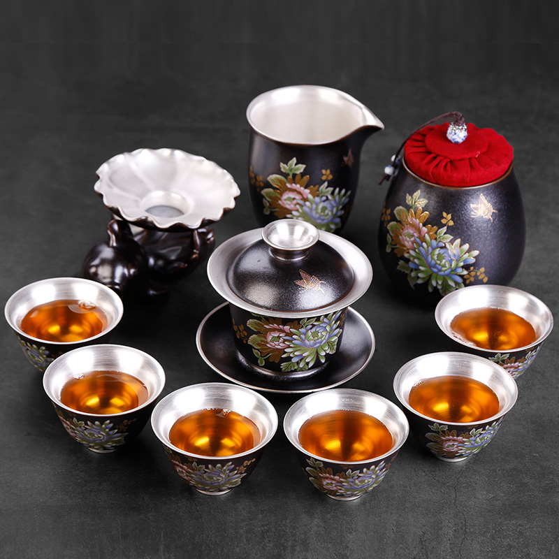 Tasted silver gilding kung fu tea set suit household ceramic cups visitor office tea silver Chinese style restoring ancient ways of gift boxes