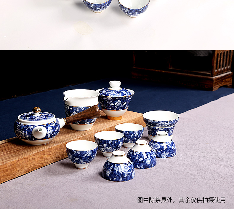 Hibiscus flowers covered bowl of blue and white porcelain ceramic kung fu tea set combinations of a complete set of 6 people with simple office