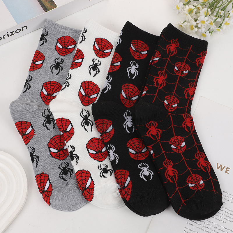 Autumn and Winter Pure Cotton Warm Spider-Man Jacquard Mid-Calf Socks, Autumn and Winter Men's British Style Trendy Skateboard Socks