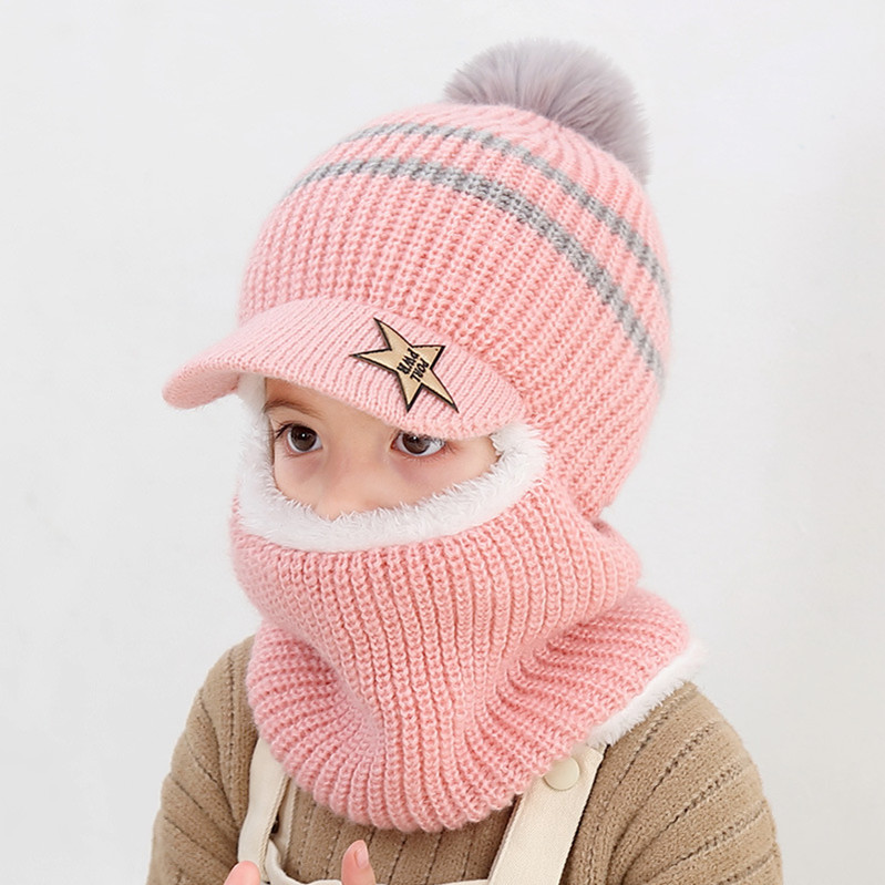 Children's hat bib integrated autumn and winter boys and girls warm middle and big children plus fleece children's neck guard knitted woolen hat