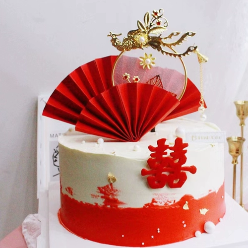 Красный веер на день рождения для пожилых людей, украшение для торта, золотой складной веер с подсолнухом, вставная карта для десертного стола на день рождения