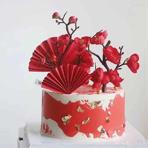 Красный веер на день рождения для пожилых людей, украшение для торта, золотой складной веер с подсолнухом, вставная карта для десертного стола на день рождения