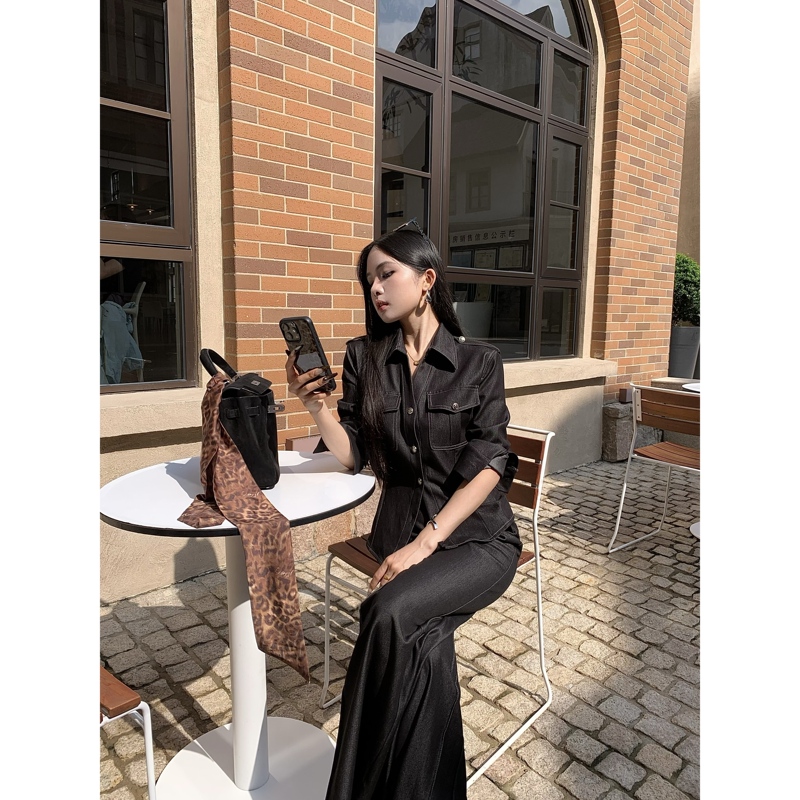 Chuyuqi Denim Suit Avant-Garde Commuting Denim Outfit Autumn Flared Pants Shirt Two-Piece Set for Women Chuyuqi Denim Suit Avant-Garde Commuting Denim Outfit Autumn Flared Pants Shirt Two-Piece Set for Women